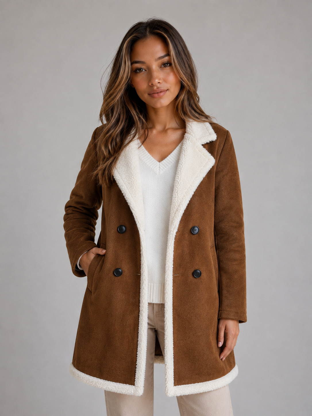 Ophélie | Manteau Long Aspect Suédine Peluche