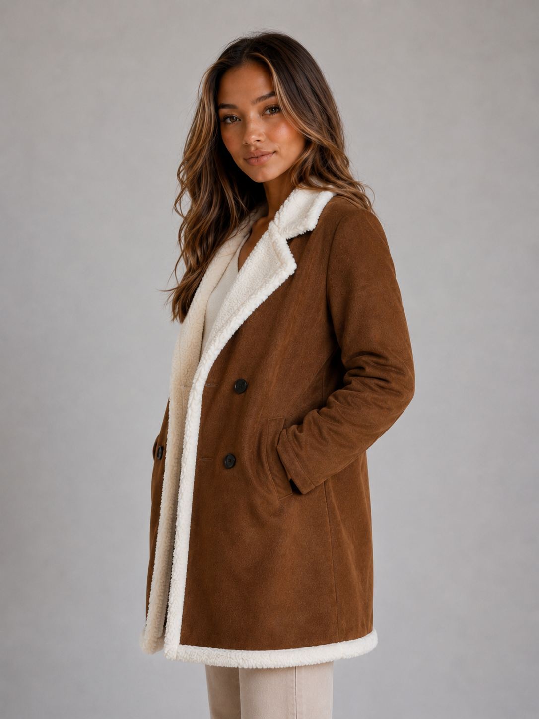 Ophélie | Manteau Long Aspect Suédine Peluche
