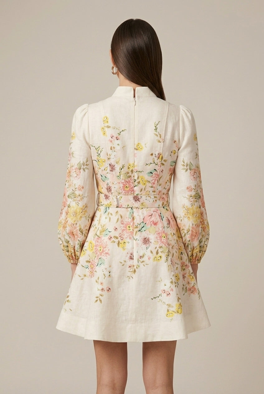 Muriel | Robe Courte Fleurie Manches Bouffantes