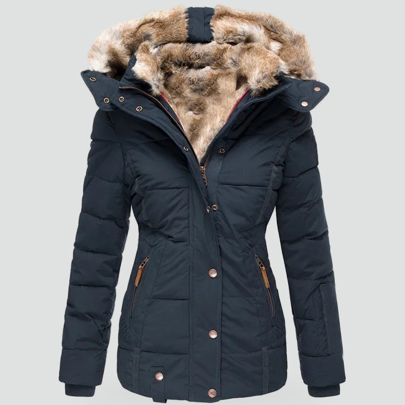 Pervenche | Parka Cintrée Capuche Fausse Fourrure