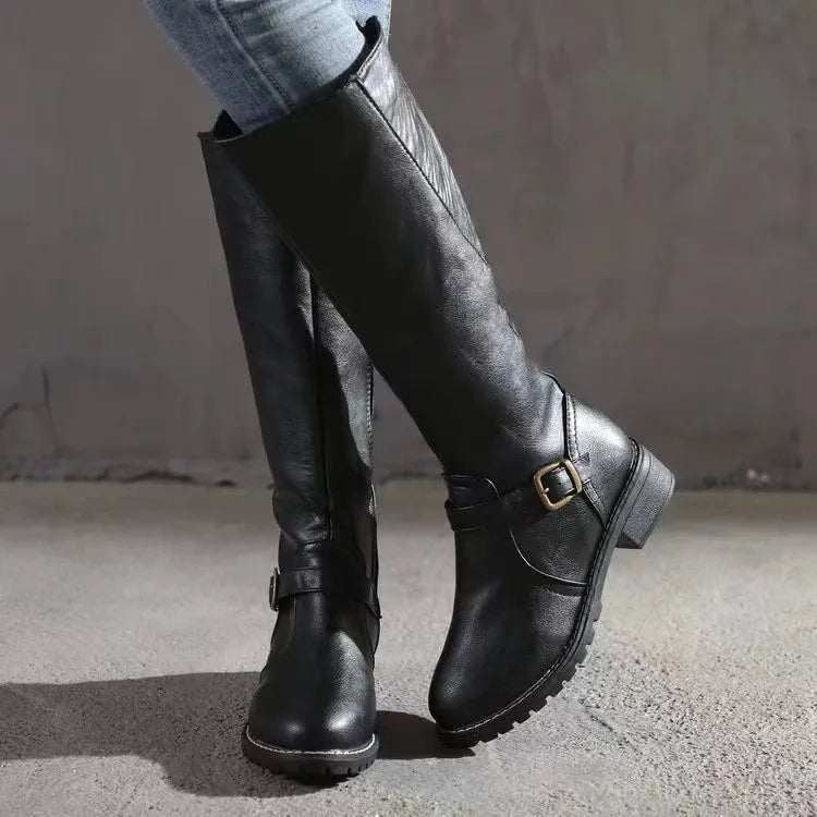 Maylis | Bottes Hautes Aspect Cuir Boucles Talon Carré