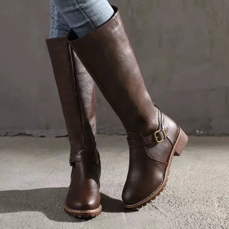 Maylis | Bottes Hautes Aspect Cuir Boucles Talon Carré