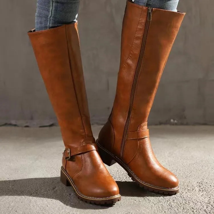 Maylis | Bottes Hautes Aspect Cuir Boucles Talon Carré
