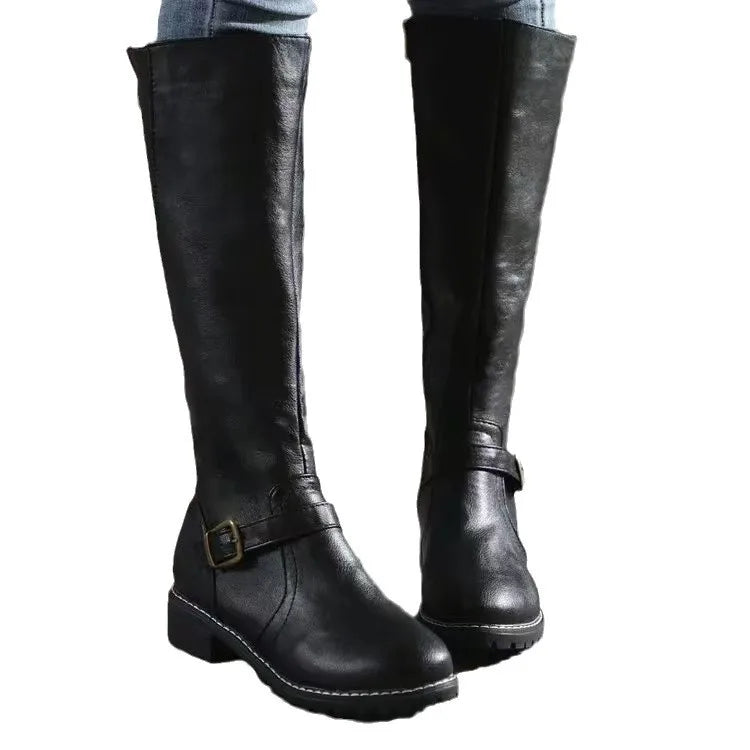 Maylis | Bottes Hautes Aspect Cuir Boucles Talon Carré
