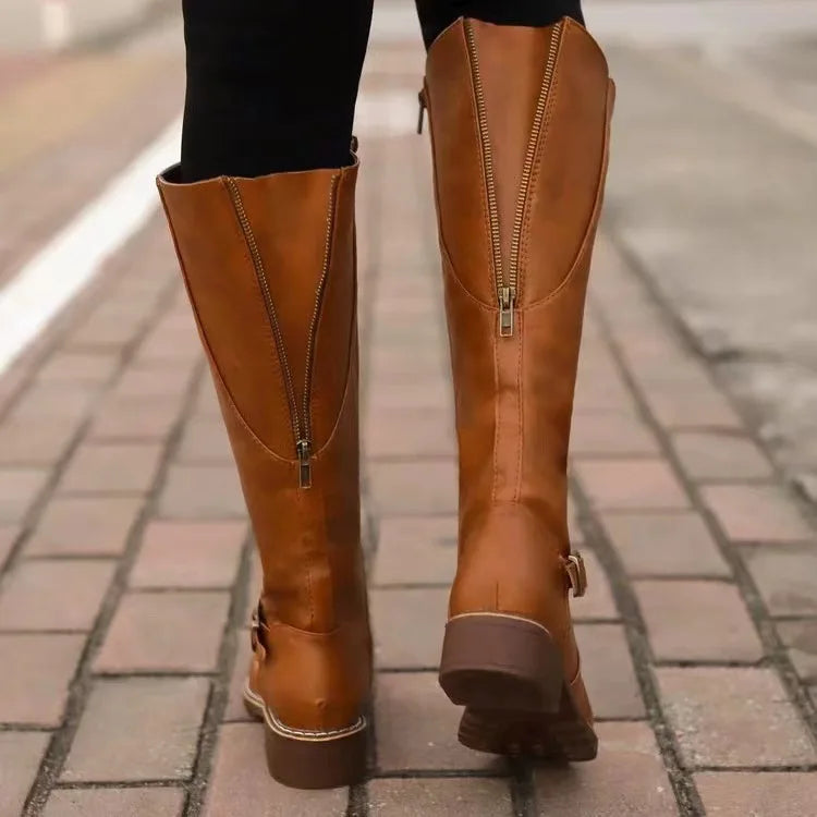 Maylis | Bottes Hautes Aspect Cuir Boucles Talon Carré