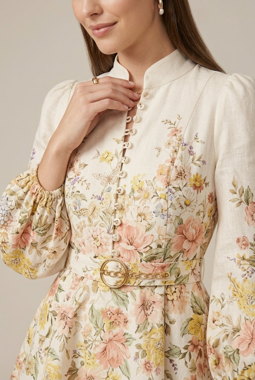 Muriel | Robe Courte Fleurie Manches Bouffantes