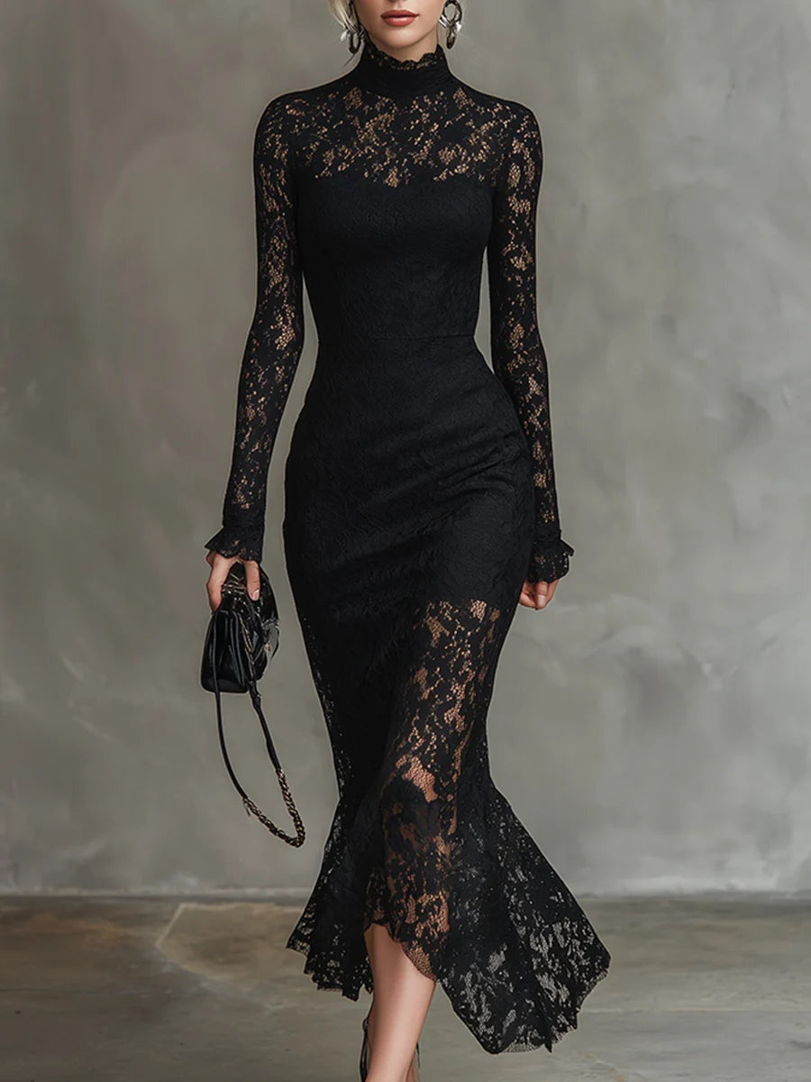 Pascale | Robe Midi Dentelle Col Montant