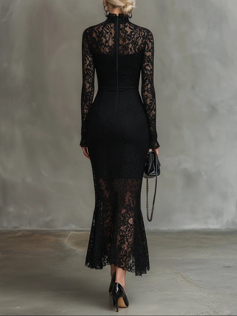Pascale | Robe Midi Dentelle Col Montant