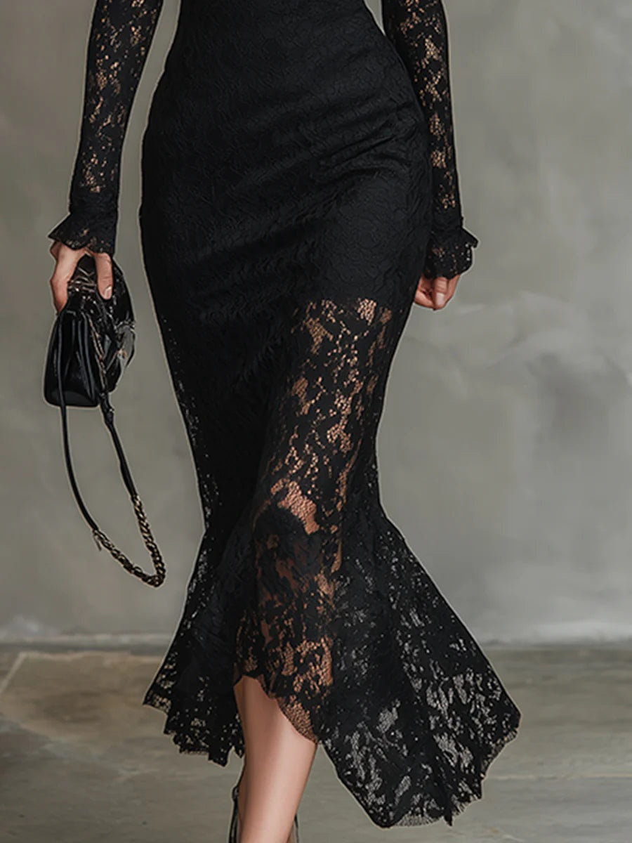 Pascale | Robe Midi Dentelle Col Montant