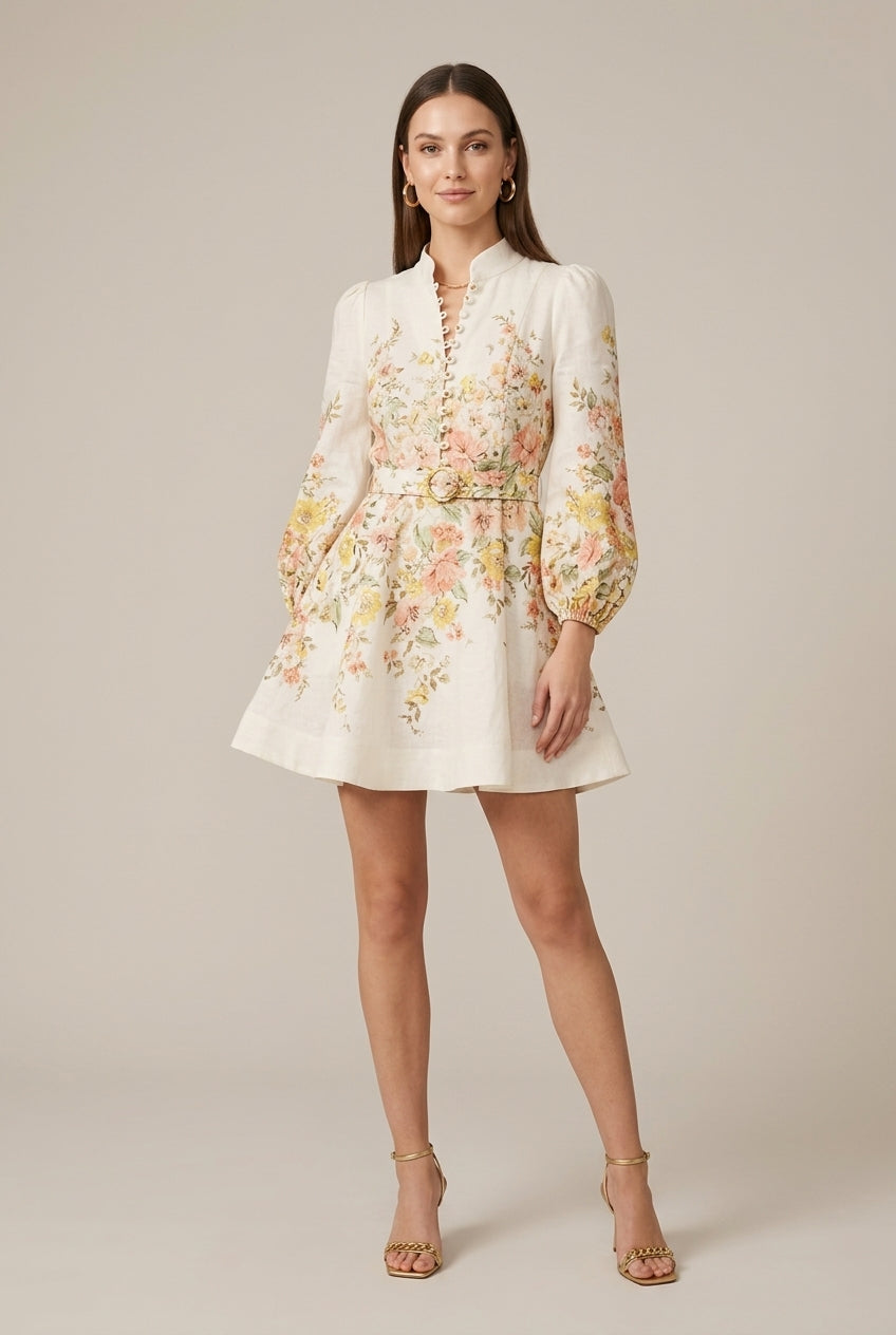 Muriel | Robe Courte Fleurie Manches Bouffantes