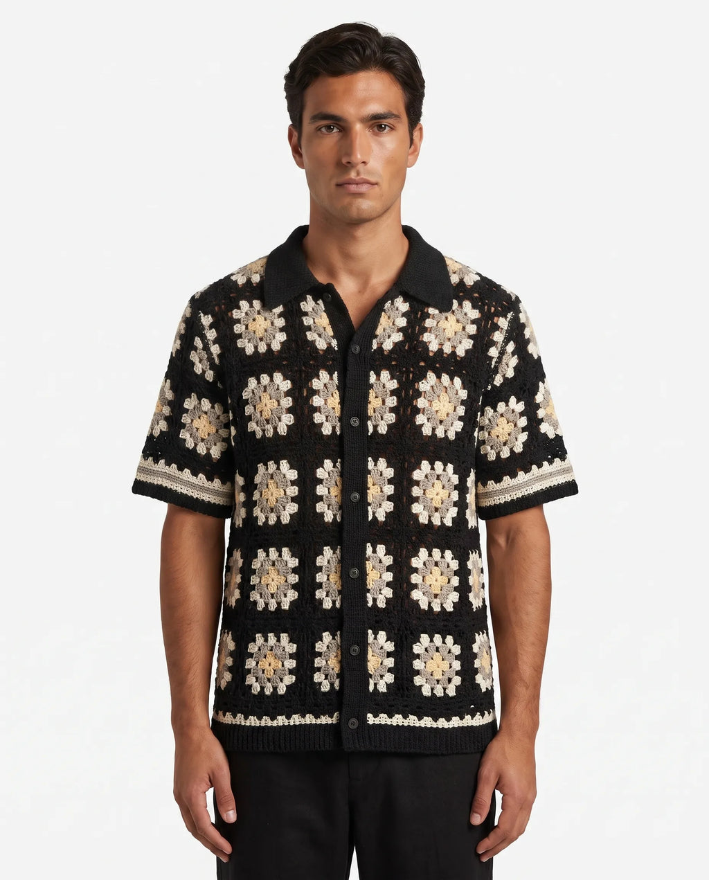 David | Chemise Crochet Motifs Carrés Noire