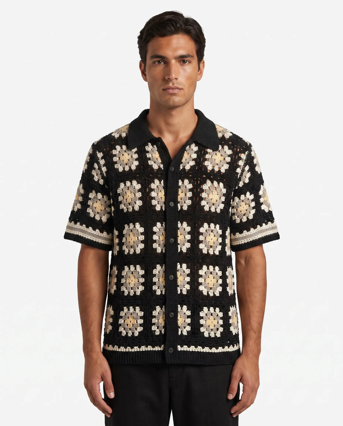 David | Chemise Crochet Motifs Carrés Noire
