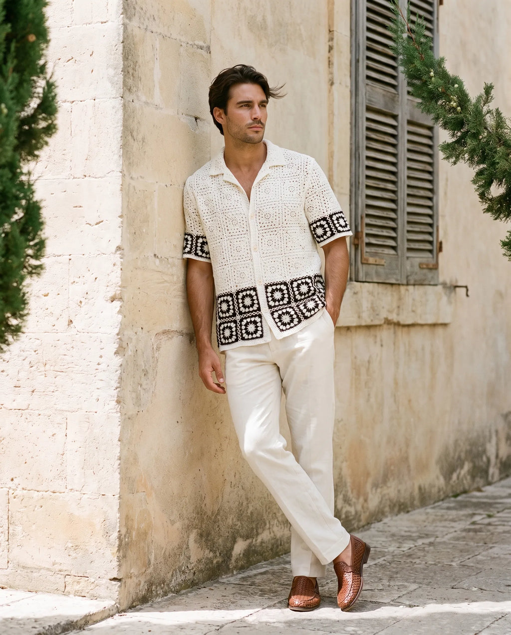 Stéphane | Chemise Crochet Motifs Carrés Blanche
