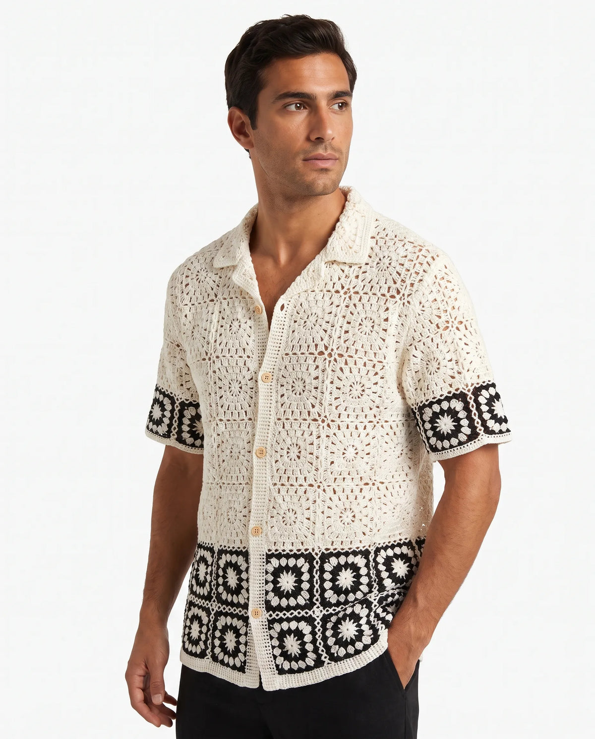 Stéphane | Chemise Crochet Motifs Carrés Blanche