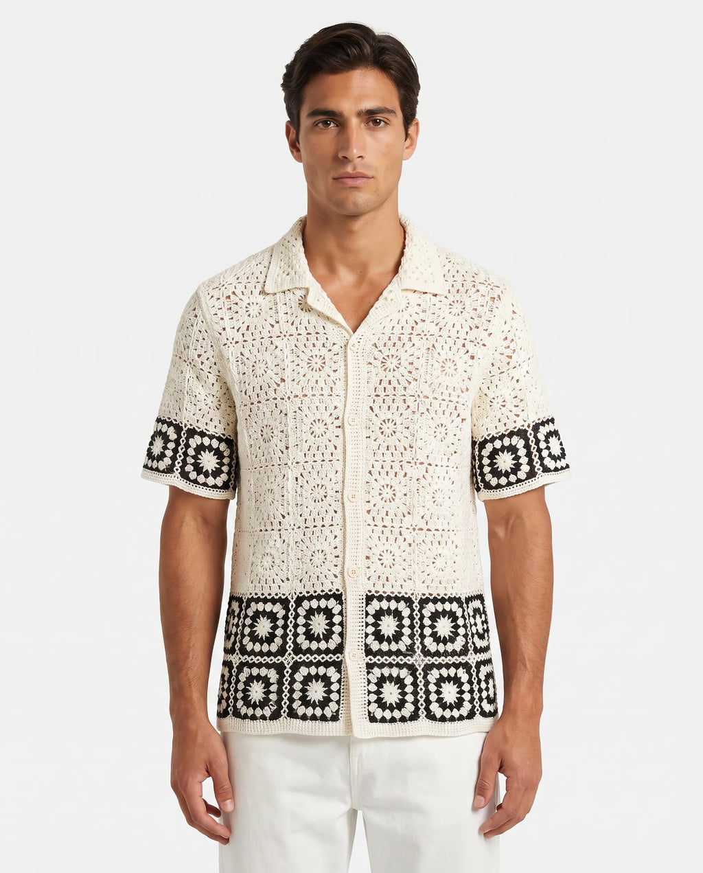 Stéphane | Chemise Crochet Motifs Carrés Blanche