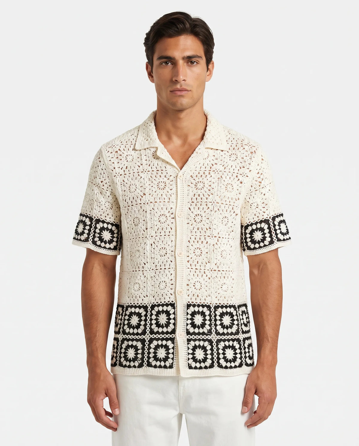 Stéphane | Chemise Crochet Motifs Carrés Blanche