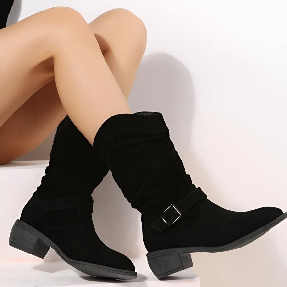 Nell | Bottes Mi-Mollet Plissées Talon Bas